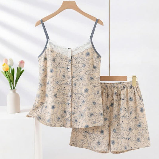 Ownkoti Artistic Line Floral Sleeveless Pajama Set - Beige - XXL - image 0