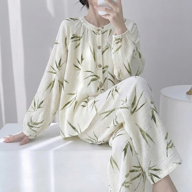 Ownkoti Botanical Bamboo Print Cotton Pajama Set - Beige - XL - image 0