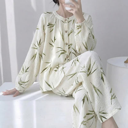 Ownkoti Botanical Bamboo Print Cotton Pajama Set - Beige - XL - image 0