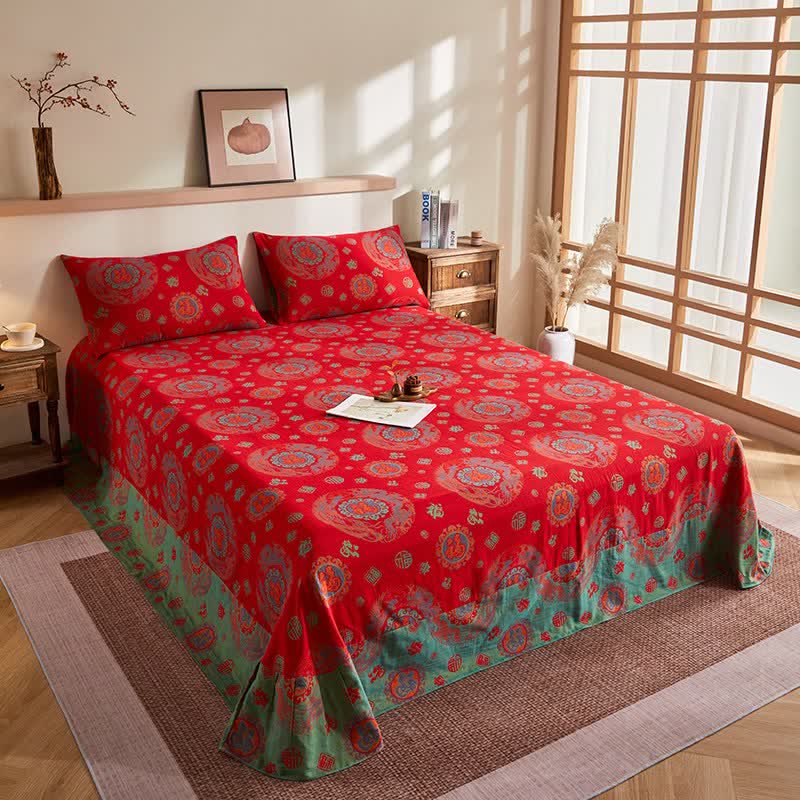 Ownkoti Cotton Gauze Retro Auspicious Jacquard Quilt - Flat Sheet with 2PCS Pillowcases - 96"W x 98"L - image 7