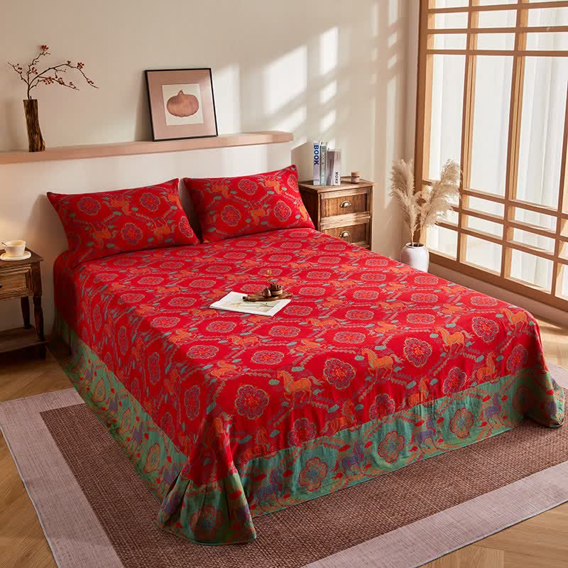 Ownkoti Cotton Gauze Vintage Horse Jacquard Quilt - Flat Sheet with 2PCS Pillowcases - 96"W x 98"L - image 8