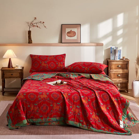 Ownkoti Cotton Gauze Vintage Horse Jacquard Quilt - Bedding Set - King - image 0