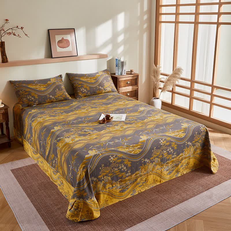 Ownkoti Cotton Gauze Mountain & Bamboo Jacquard Quilt - Flat Sheet with 2PCS Pillowcases - 96"W x 98"L - image 8