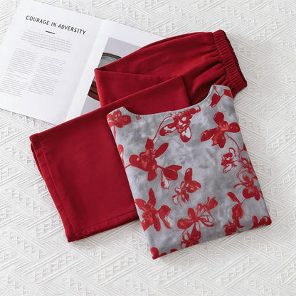 Ownkoti Vintage Floral Eastern-Inspired Loungewear Set - Red - M - image 0