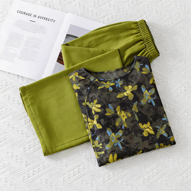 Ownkoti Retro Floral Eastern-Inspired Pajama Set - Green - M - image 0