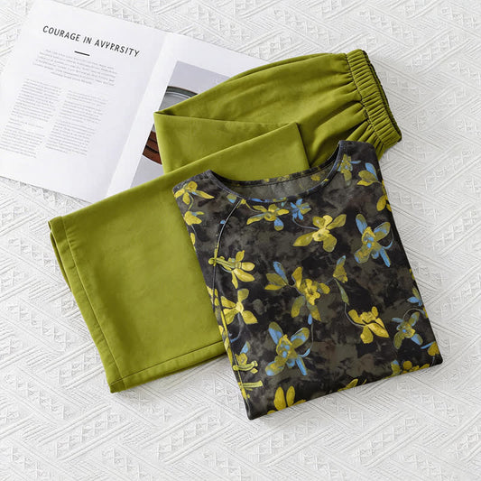 Ownkoti Retro Floral Eastern-Inspired Pajama Set - Green - M - image 0