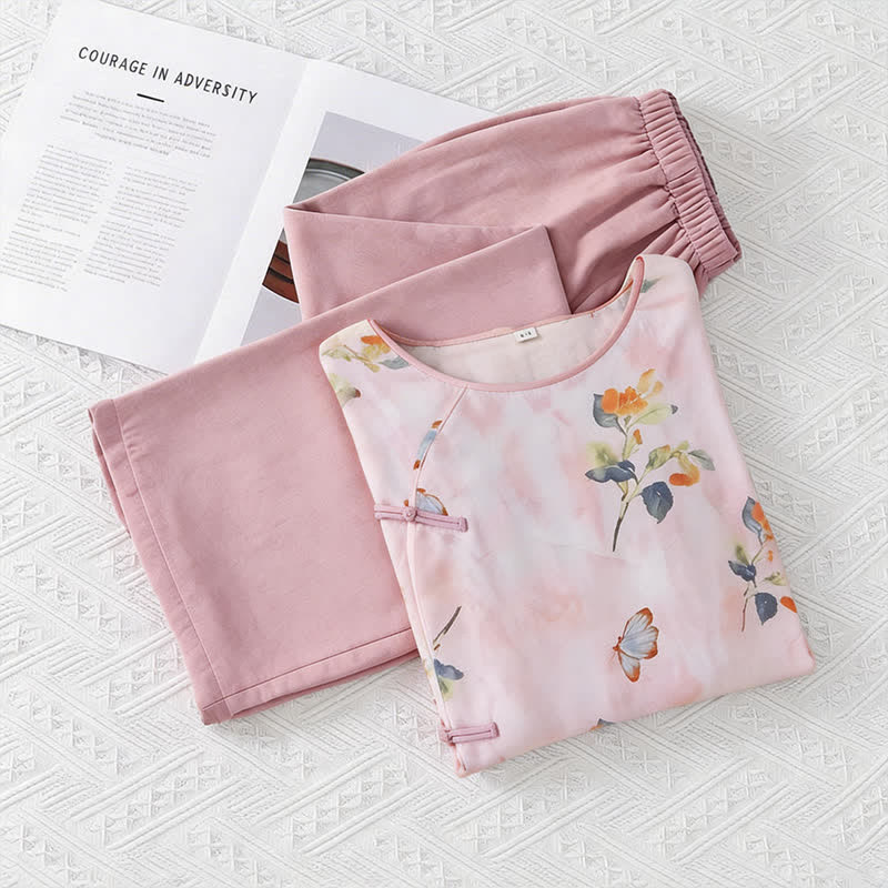 Ownkoti Butterfly & Floral Eastern-Inspired Loungewear Set - Pink - M - image 0