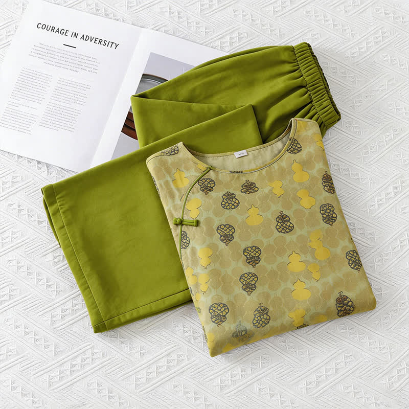 Ownkoti Gourd Print Eastern-Inspired Loungewear Set - Green - M - image 7
