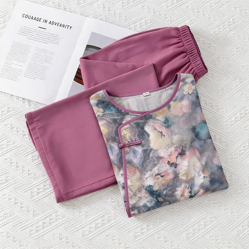 Ownkoti Artistic Floral Eastern-Inspired Loungewear Set - Light Gray - M - image 0
