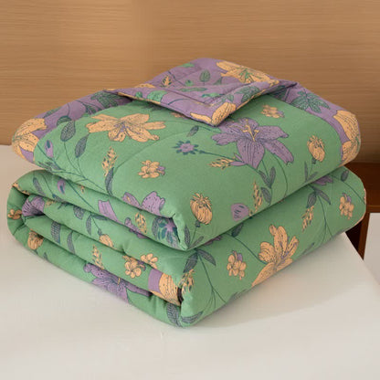 Ownkoti Lily Floral Print Cotton Linen Quilt - Green - Queen - image 1