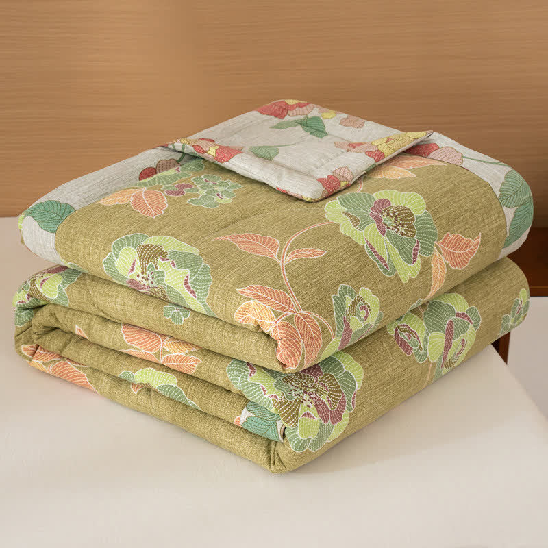 Ownkoti Fresh Floral Print Cotton Linen Quilt - Green - Queen - image 1
