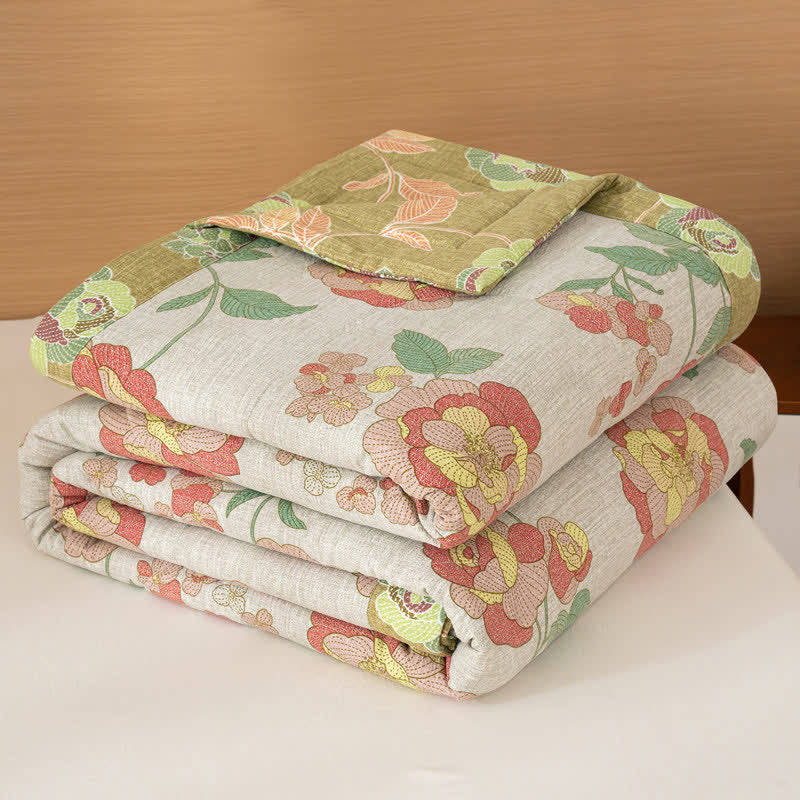 Ownkoti Fresh Floral Print Cotton Linen Quilt - Beige - Queen - image 4
