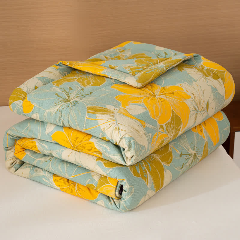 Ownkoti Yellow Floral Print Cotton Linen Quilt - Queen - image 1