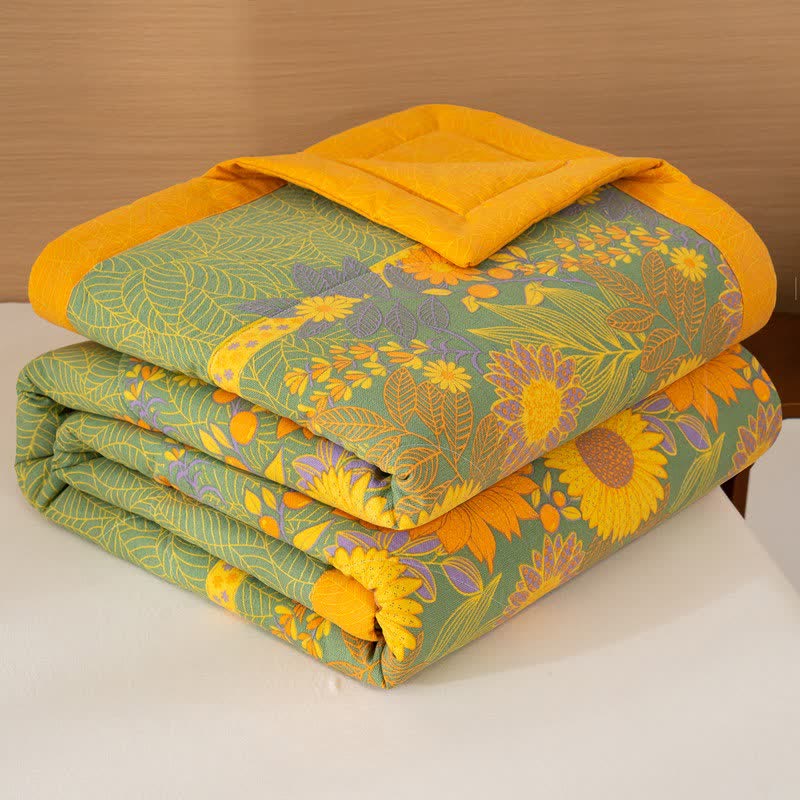 Ownkoti Daisy & Leaf Print Cotton Linen Quilt - Green - Queen - image 3
