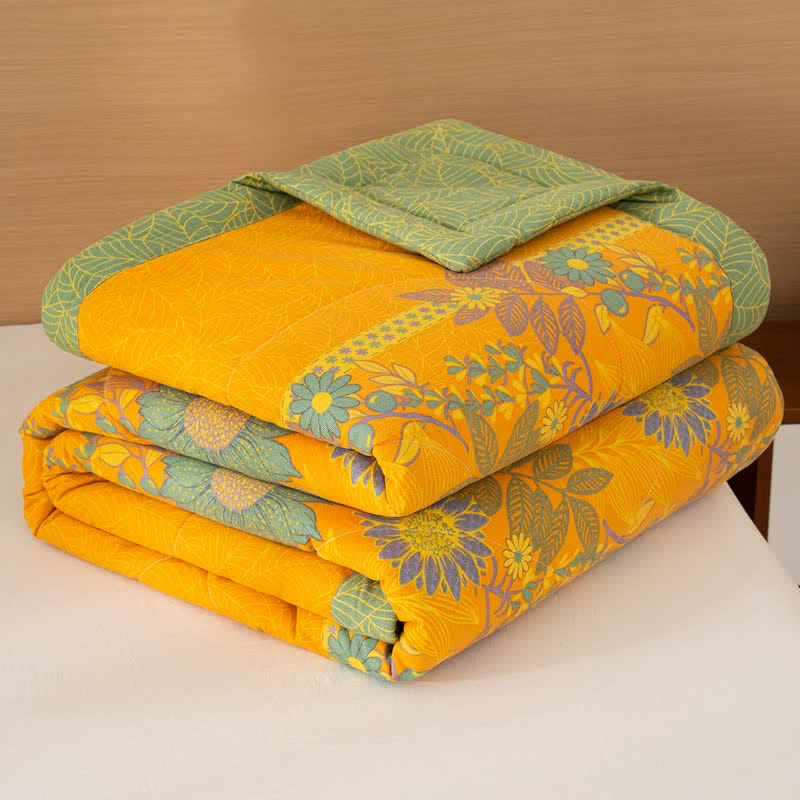 Ownkoti Daisy & Leaf Print Cotton Linen Quilt - Yellow - Queen - image 1