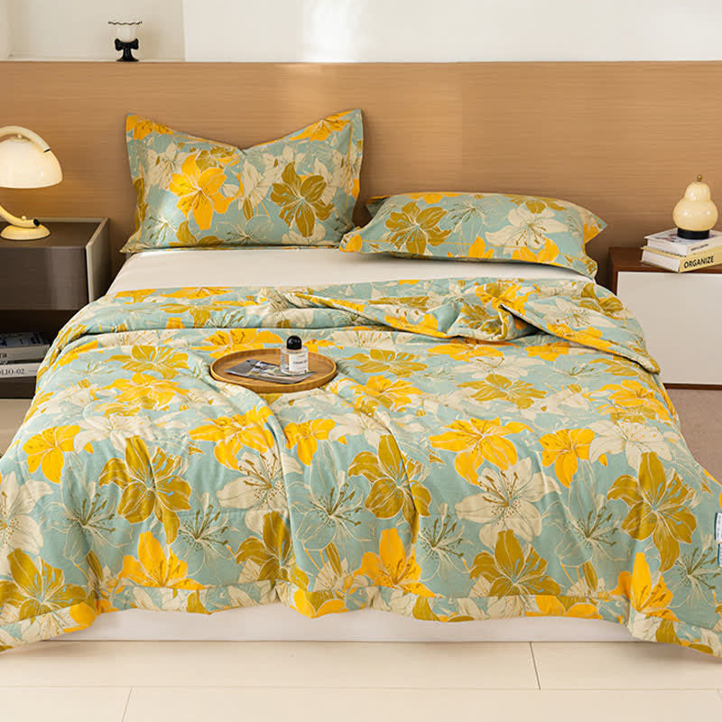 Ownkoti Yellow Floral Print Cotton Linen Quilt - image 2