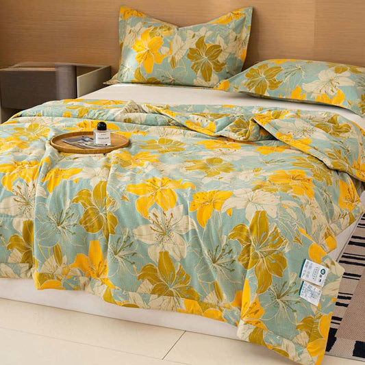 Ownkoti Yellow Floral Print Cotton Linen Quilt - image 0