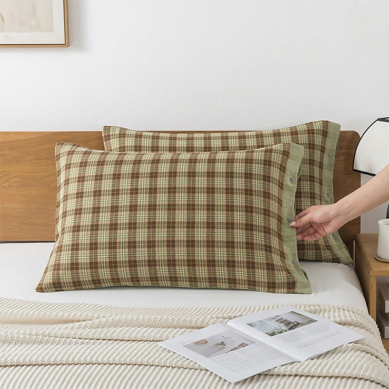 Ownkoti Vintage Plaid Button Cotton Pillowcases (2PCS) - Brown&Green - 52cm x 76cm - image 2