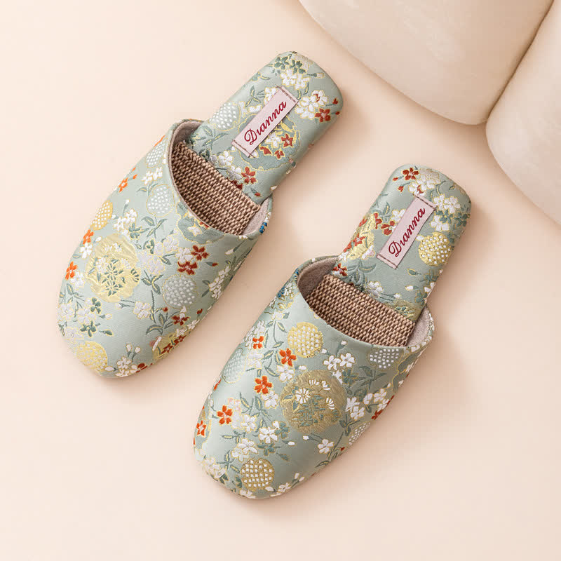Ownkoti Chinoiserie Embroidered Satin House Slippers - Green - L - image 8