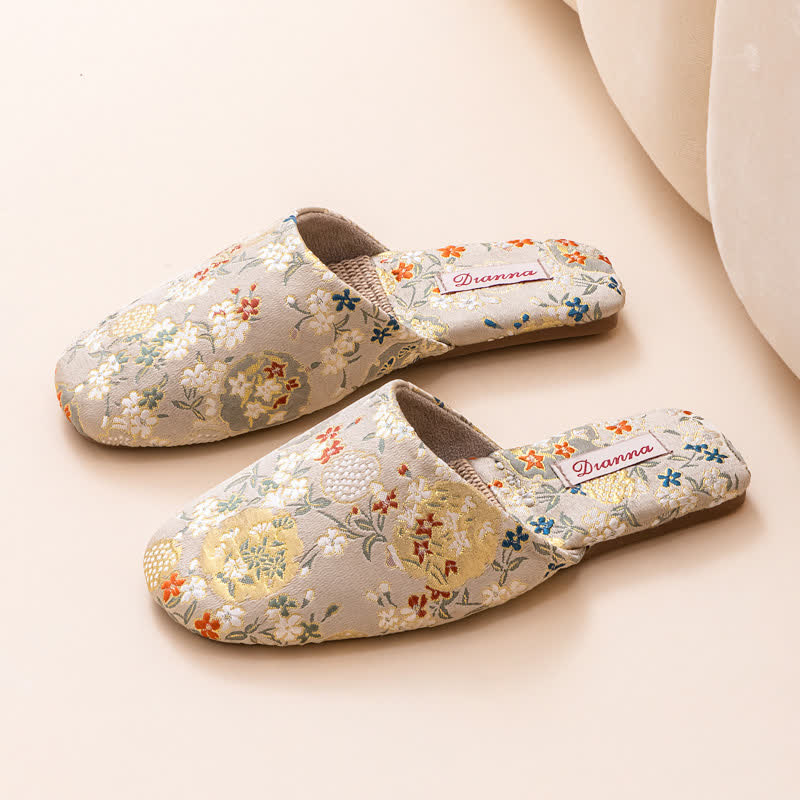 Ownkoti Chinoiserie Embroidered Satin House Slippers - Beige - L - image 11