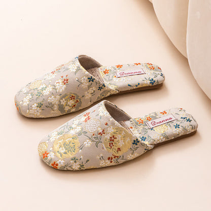 Ownkoti Chinoiserie Embroidered Satin House Slippers - Beige - L - image 11