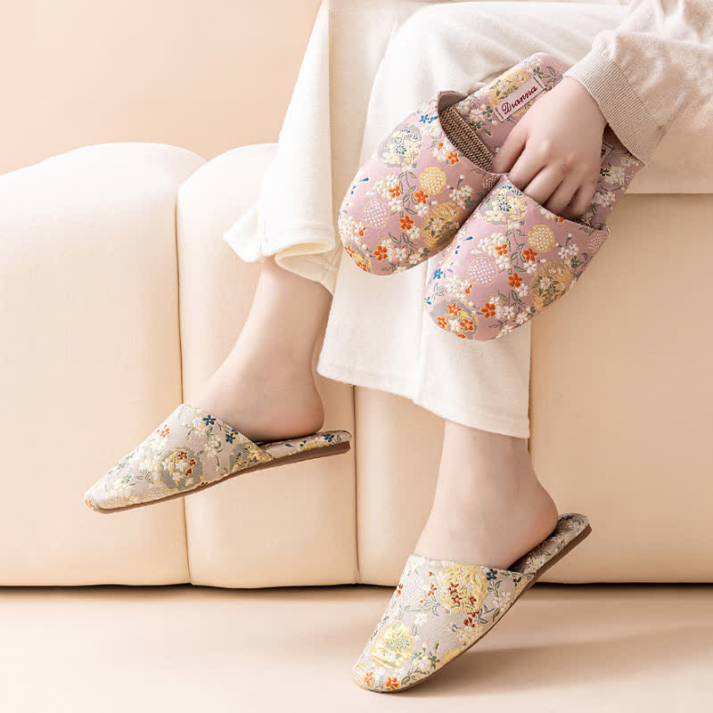 Ownkoti Chinoiserie Embroidered Satin House Slippers - image 1