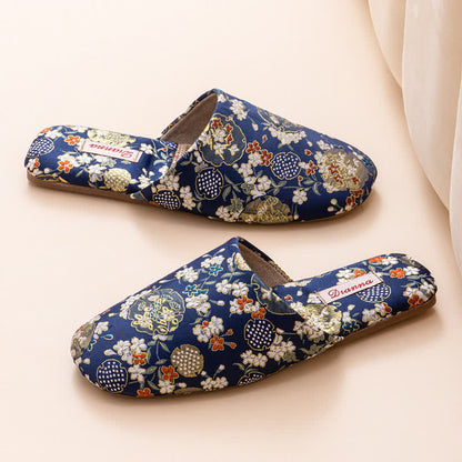 Ownkoti Chinoiserie Embroidered Satin House Slippers - Navy Blue - 2XL - image 14