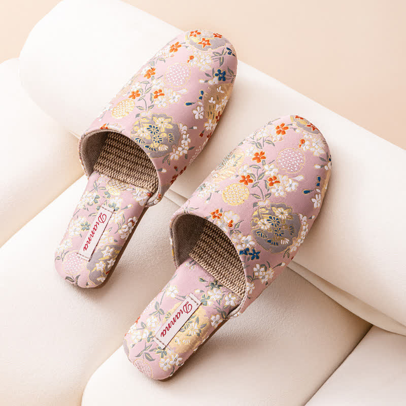 Ownkoti Chinoiserie Embroidered Satin House Slippers - Pink - L - image 4