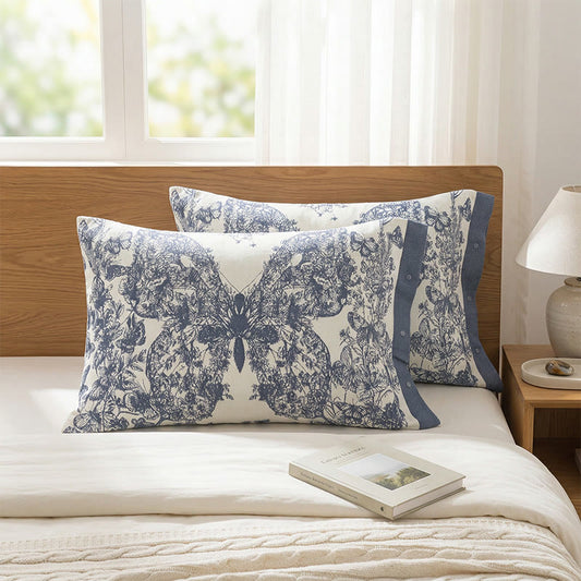 Ownkoti Butterfly Floral Button Cotton Pillowcases (2PCS)  - Blue - 52cm x 76cm - image 0