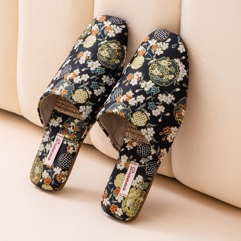 Ownkoti Chinoiserie Embroidered Satin House Slippers - Black - 2XL - image 12