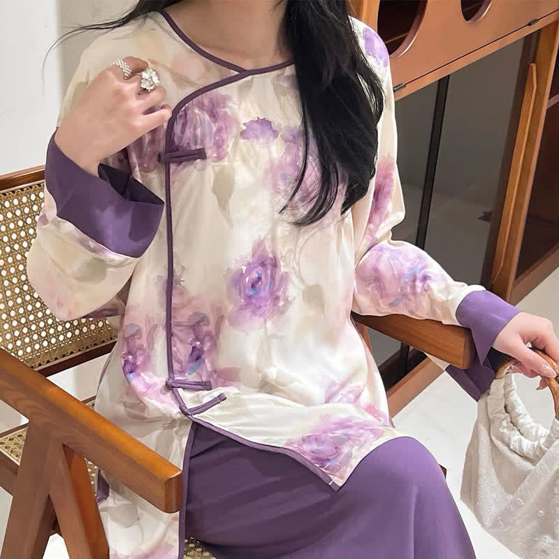 Ownkoti Watercolor Purple Floral Eastern-Inspired Pajama Set - image 3