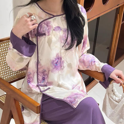 Ownkoti Watercolor Purple Floral Eastern-Inspired Pajama Set - image 3