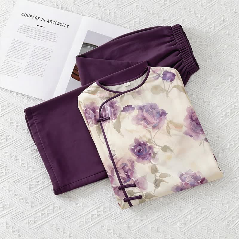 Ownkoti Watercolor Purple Floral Eastern-Inspired Pajama Set - Purple - M - image 0