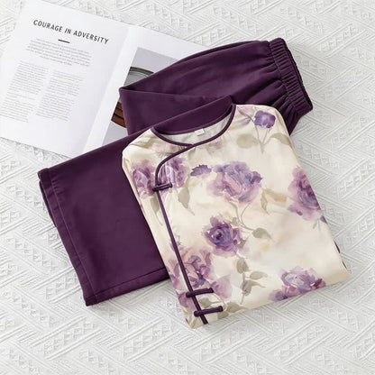Ownkoti Watercolor Purple Floral Eastern-Inspired Pajama Set - Purple - M - image 0