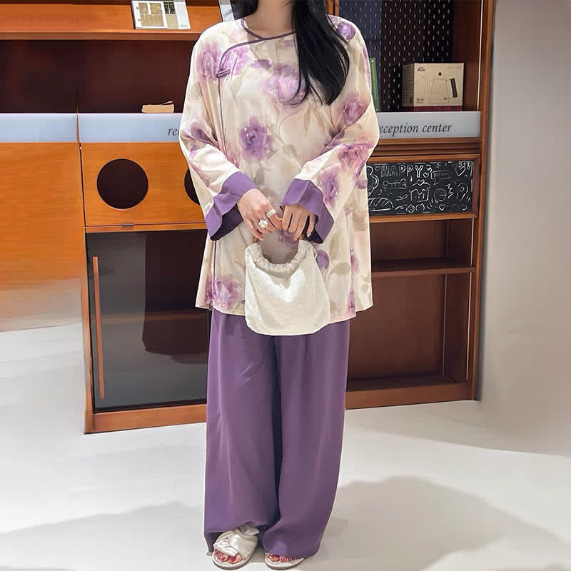 Ownkoti Watercolor Purple Floral Eastern-Inspired Pajama Set - image 4