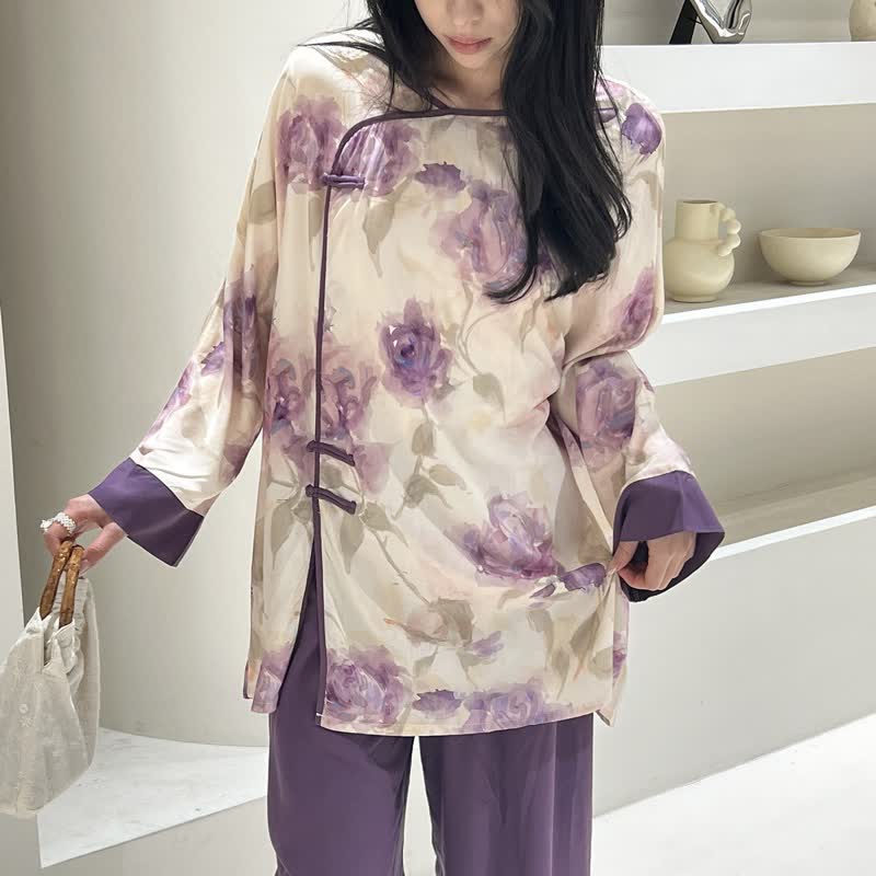 Ownkoti Watercolor Purple Floral Eastern-Inspired Pajama Set - image 1
