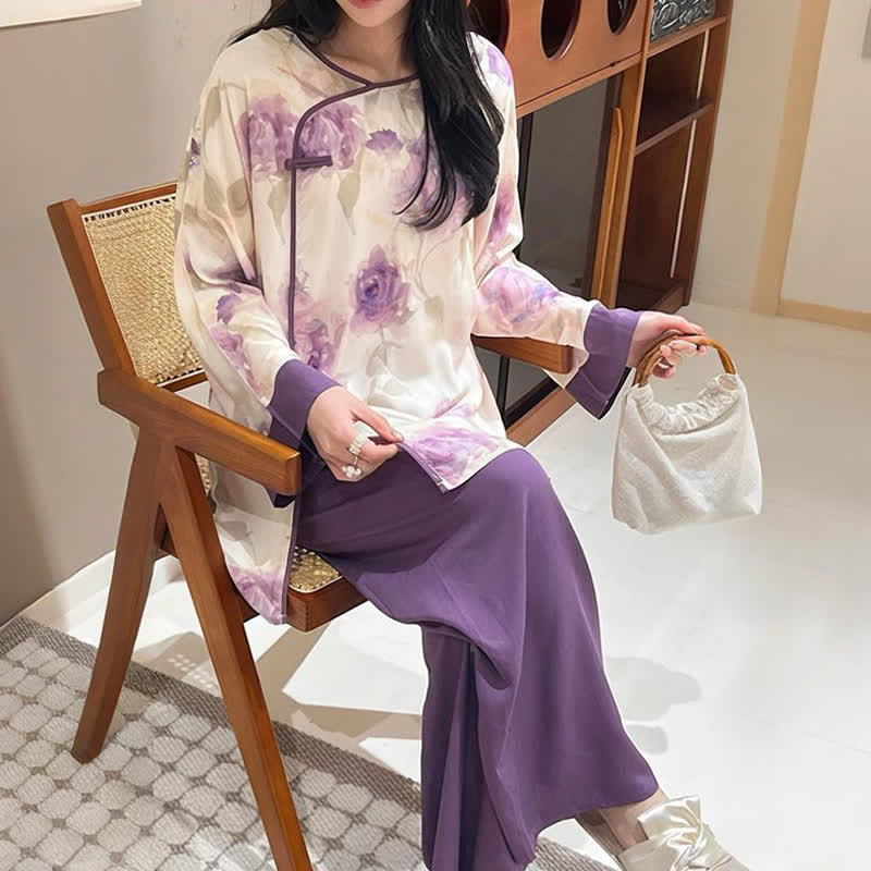 Ownkoti Watercolor Purple Floral Eastern-Inspired Pajama Set - image 2