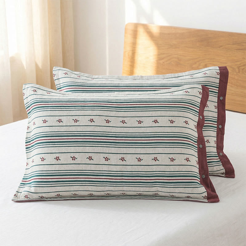 Ownkoti Stripe Floral Button Cotton Pillowcases (2PCS)  - image 2