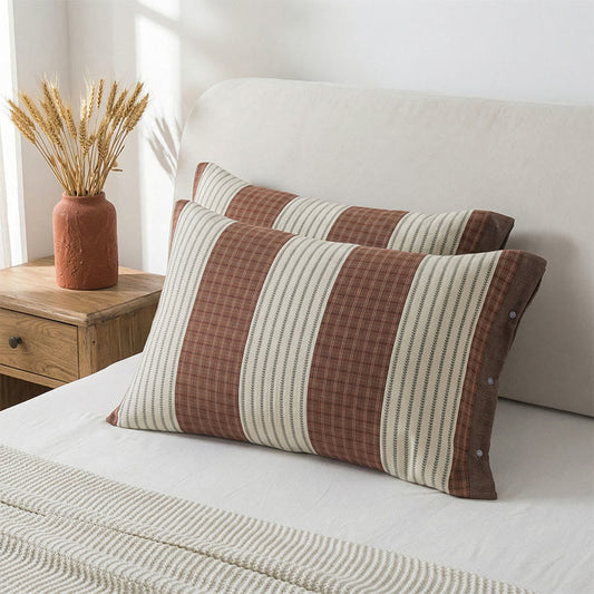 Ownkoti  Plaid Stripe Cotton Button Pillowcases(2PCS)  - Red - 52cm x 76cm - image 0