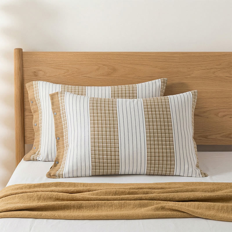 Ownkoti  Plaid Stripe Cotton Button Pillowcases(2PCS)  - Beige - 52cm x 76cm - image 2