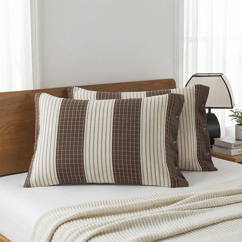 Ownkoti  Plaid Stripe Cotton Button Pillowcases(2PCS)  - Brown - 52cm x 76cm - image 4