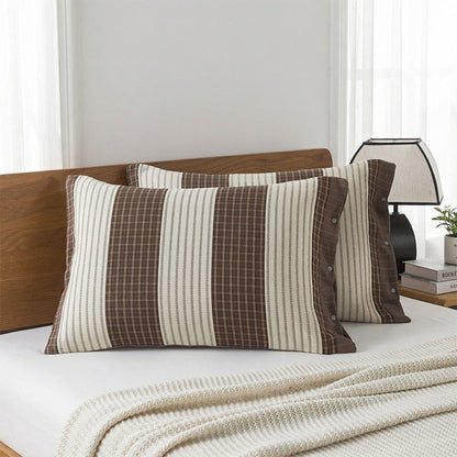 Ownkoti  Plaid Stripe Cotton Button Pillowcases(2PCS)  - Brown - 52cm x 76cm - image 4