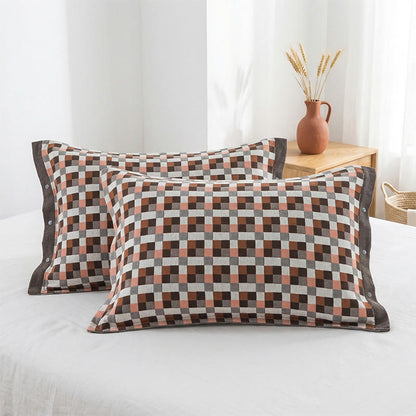 Ownkoti  Grid Button Pure Cotton Pillowcases (2PCS)  - Red&Brown - 52cm x 76cm - image 0