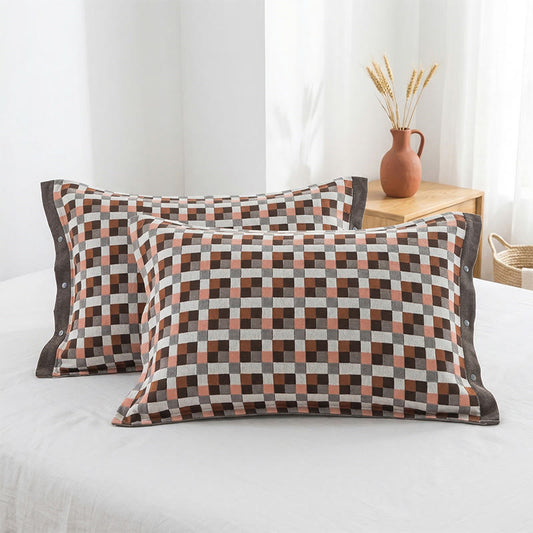 Ownkoti  Grid Button Pure Cotton Pillowcases (2PCS)  - Red&Brown - 52cm x 76cm - image 0