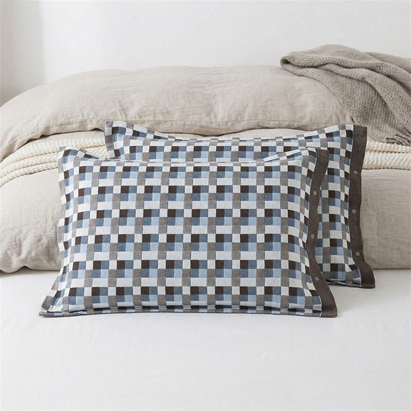 Ownkoti  Grid Button Pure Cotton Pillowcases (2PCS)  - Blue&Brown - 52cm x 76cm - image 2