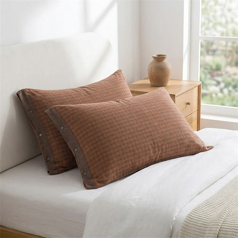 Ownkoti  Mini Plaid Button Cotton Pillowcases (2PCS)  - Red&Brown - 52cm x 76cm - image 0