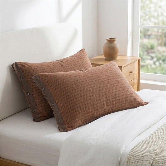 Ownkoti  Mini Plaid Button Cotton Pillowcases (2PCS)  - Red&Brown - 52cm x 76cm - image 0