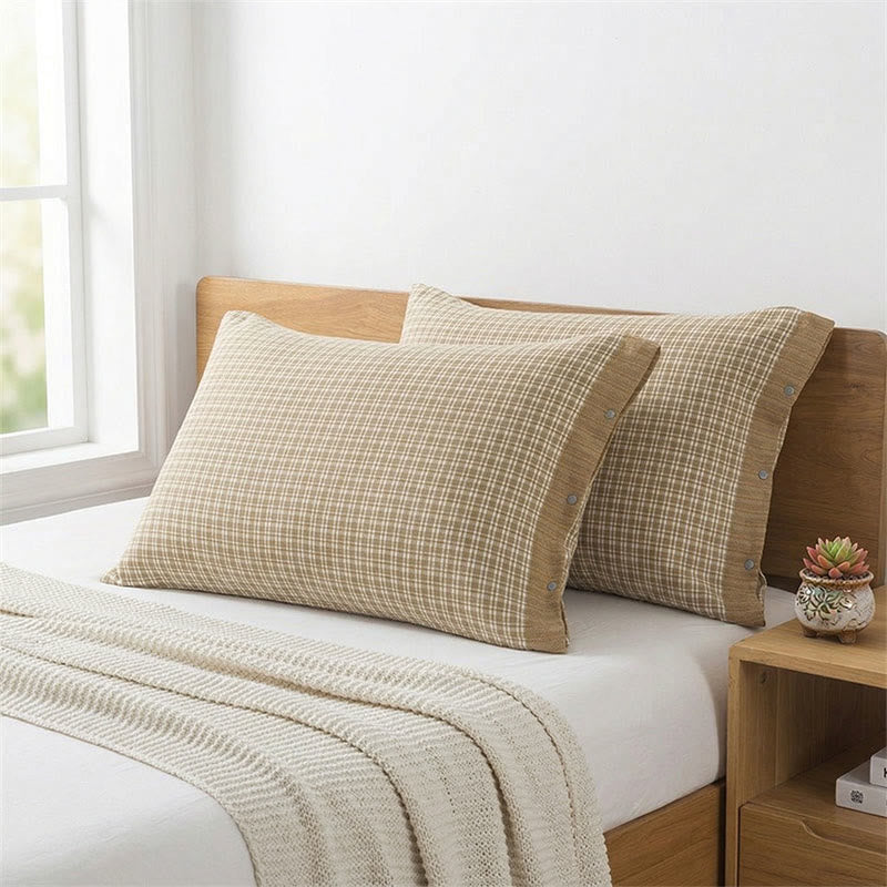 Ownkoti  Mini Plaid Button Cotton Pillowcases (2PCS)  - Green&Beige - 52cm x 76cm - image 2
