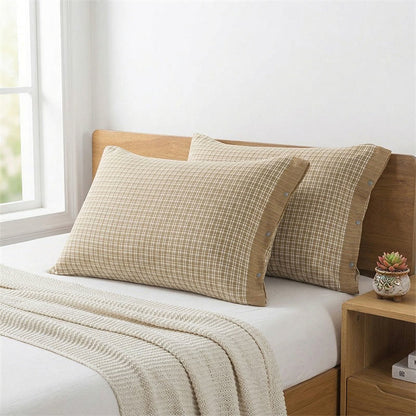 Ownkoti  Mini Plaid Button Cotton Pillowcases (2PCS)  - Green&Beige - 52cm x 76cm - image 2