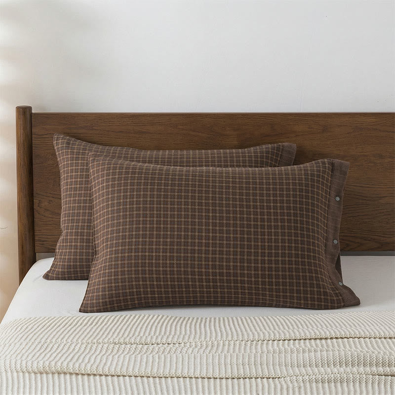 Ownkoti  Mini Plaid Button Cotton Pillowcases (2PCS)  - Dark Brown - 52cm x 76cm - image 4